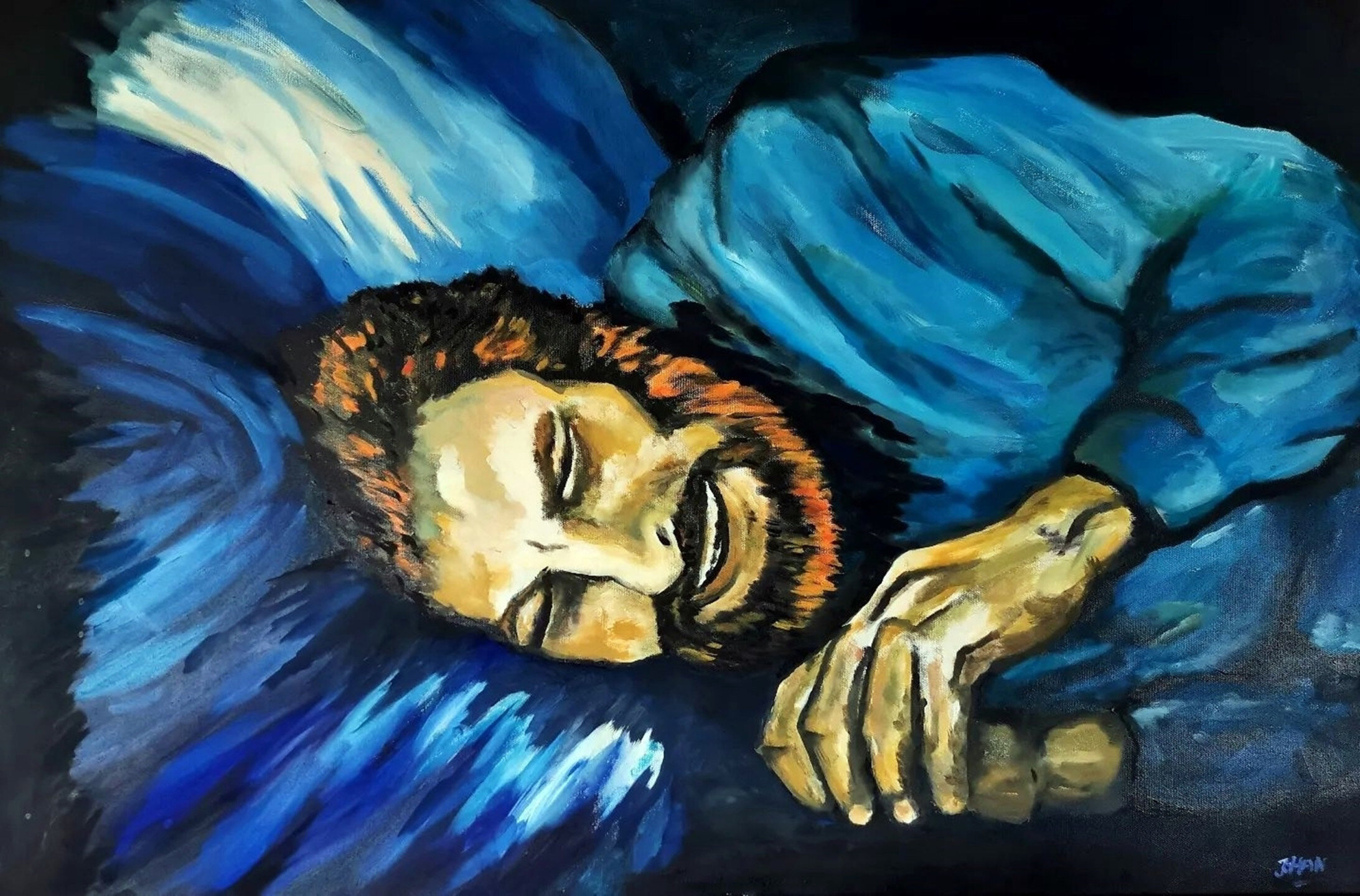 Man in pain in bed · Oil on canvas · 100 cm x 80 cm · 2020